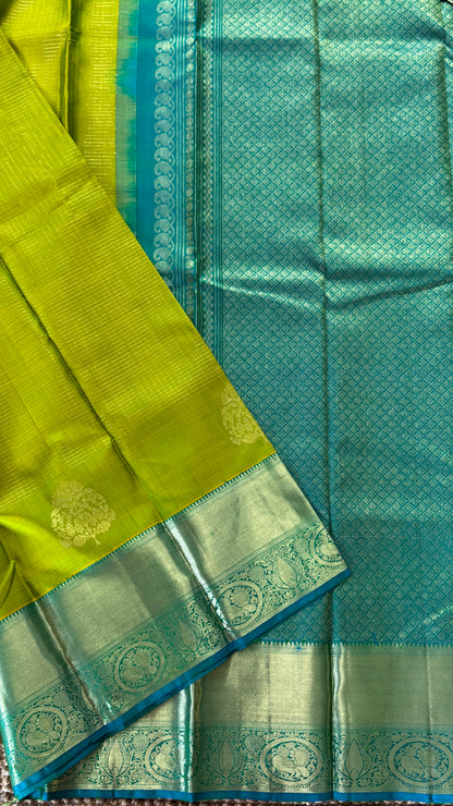 Green Pure Kanchipuram Silk Saree with Contrast Rama Blue Border | Silk Mark Certified