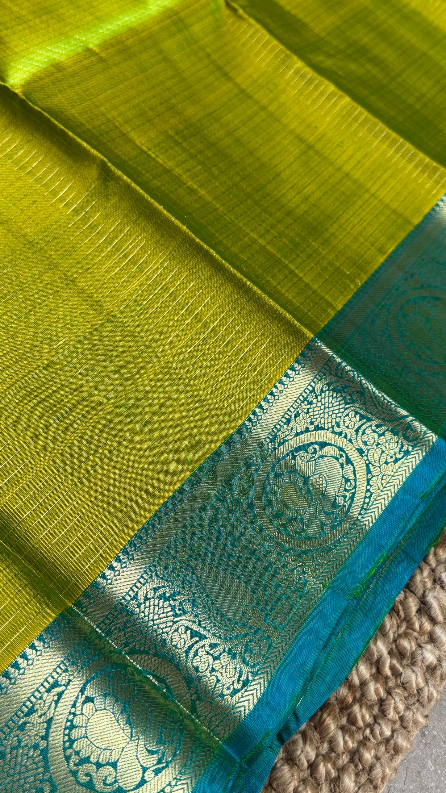 Green Pure Kanchipuram Silk Saree with Contrast Rama Blue Border | Silk Mark Certified