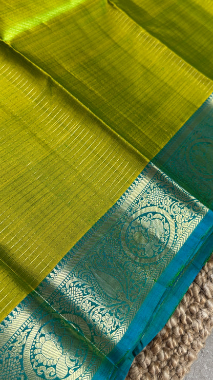 Green Pure Kanchipuram Silk Saree with Contrast Rama Blue Border | Silk Mark Certified