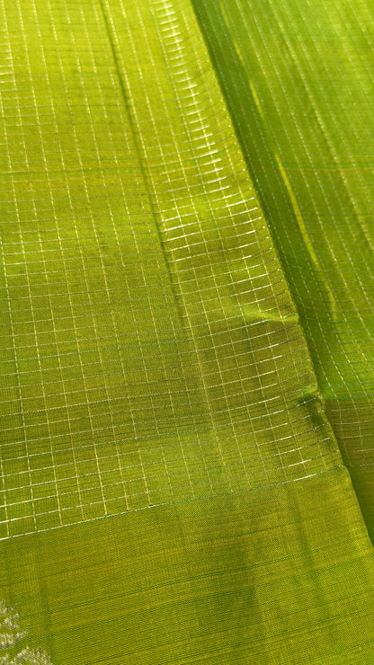 Green Pure Kanchipuram Silk Saree with Contrast Rama Blue Border | Silk Mark Certified