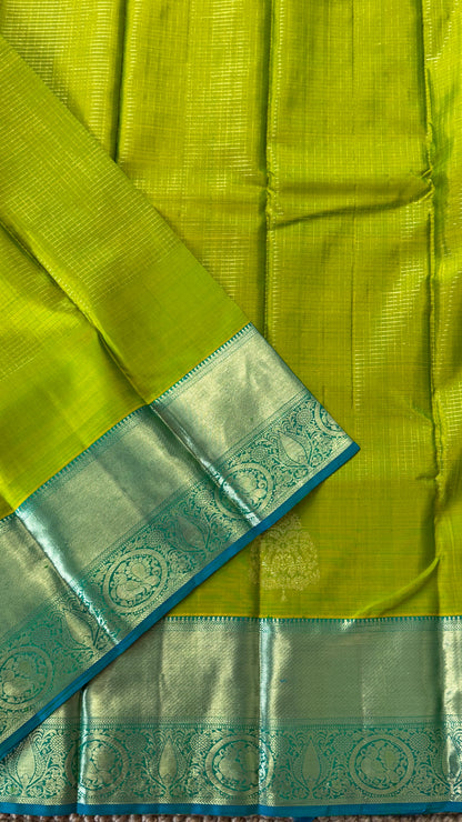 Green Pure Kanchipuram Silk Saree with Contrast Rama Blue Border | Silk Mark Certified