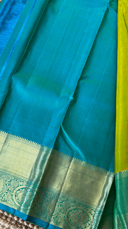 Green Pure Kanchipuram Silk Saree with Contrast Rama Blue Border | Silk Mark Certified