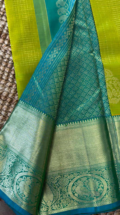 Green Pure Kanchipuram Silk Saree with Contrast Rama Blue Border | Silk Mark Certified