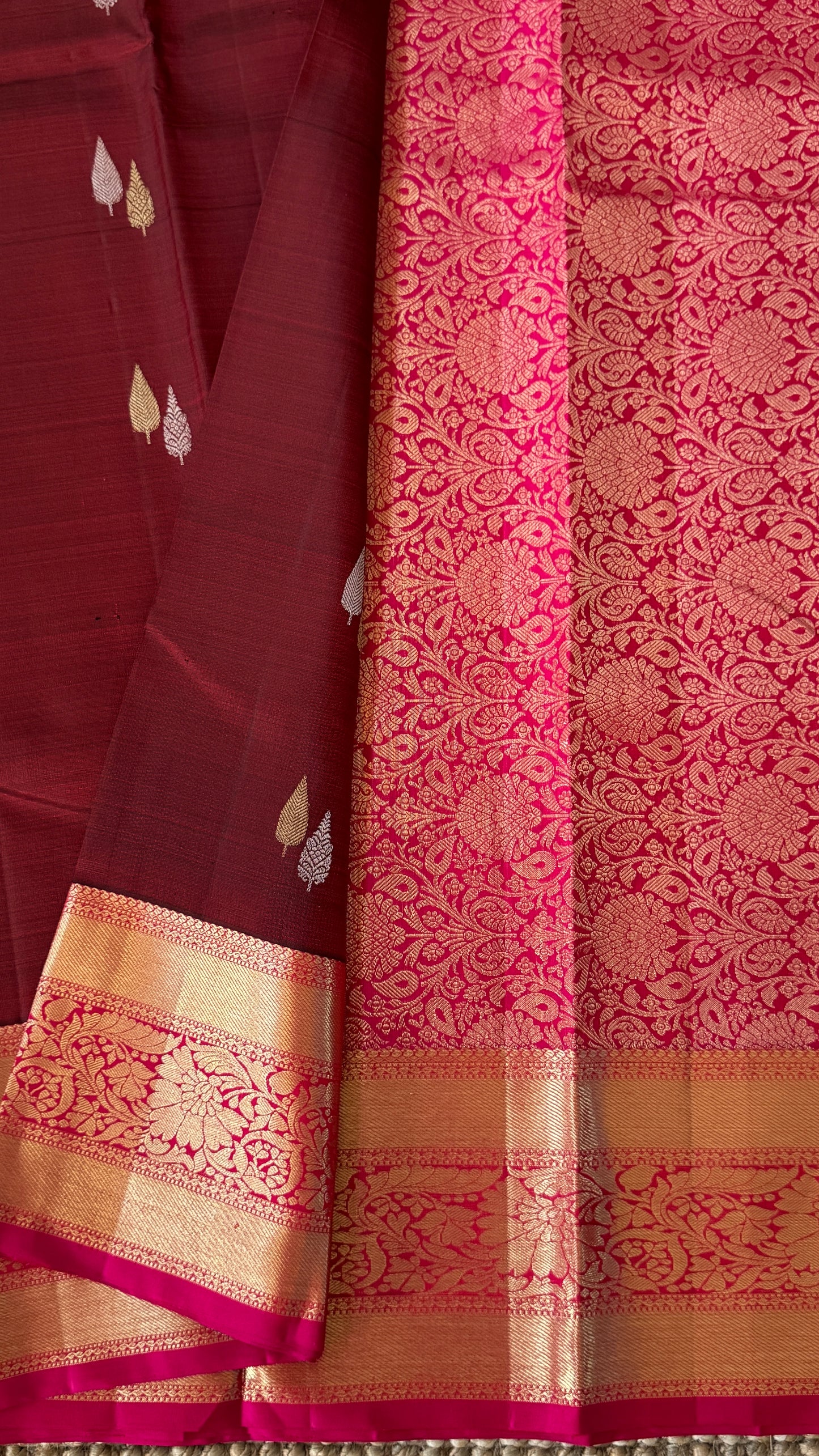 Maroon Pure Kanchipuram Silk Saree with Contrast Pink Border & Pallu | Silk Mark Certified
