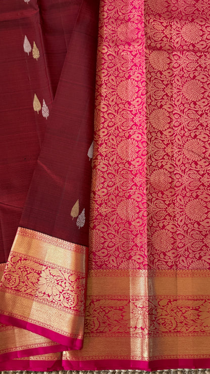 Maroon Pure Kanchipuram Silk Saree with Contrast Pink Border & Pallu | Silk Mark Certified