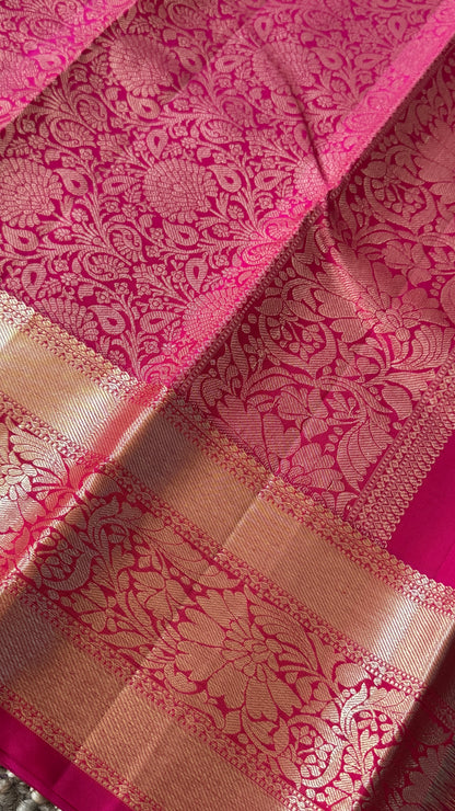 Maroon Pure Kanchipuram Silk Saree with Contrast Pink Border & Pallu | Silk Mark Certified