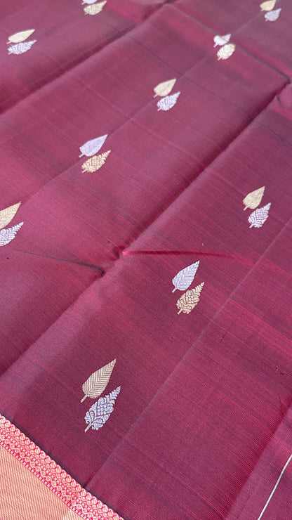 Maroon Pure Kanchipuram Silk Saree with Contrast Pink Border & Pallu | Silk Mark Certified