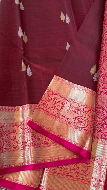 Maroon Pure Kanchipuram Silk Saree with Contrast Pink Border & Pallu | Silk Mark Certified
