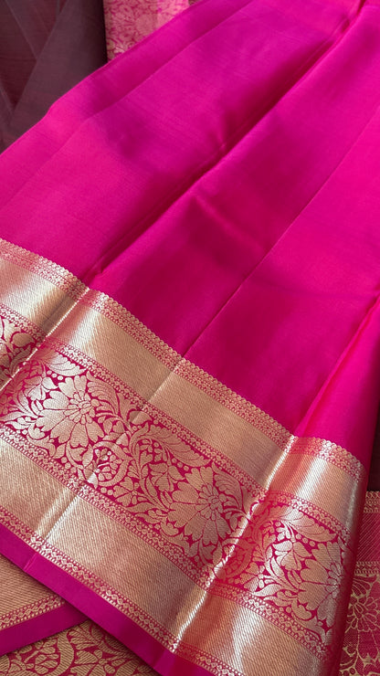 Maroon Pure Kanchipuram Silk Saree with Contrast Pink Border & Pallu | Silk Mark Certified