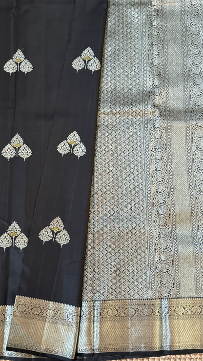 Black Beauty Pure Kanchipuram Silk Saree with Silver Zari Elegance | Silk Mark Certified