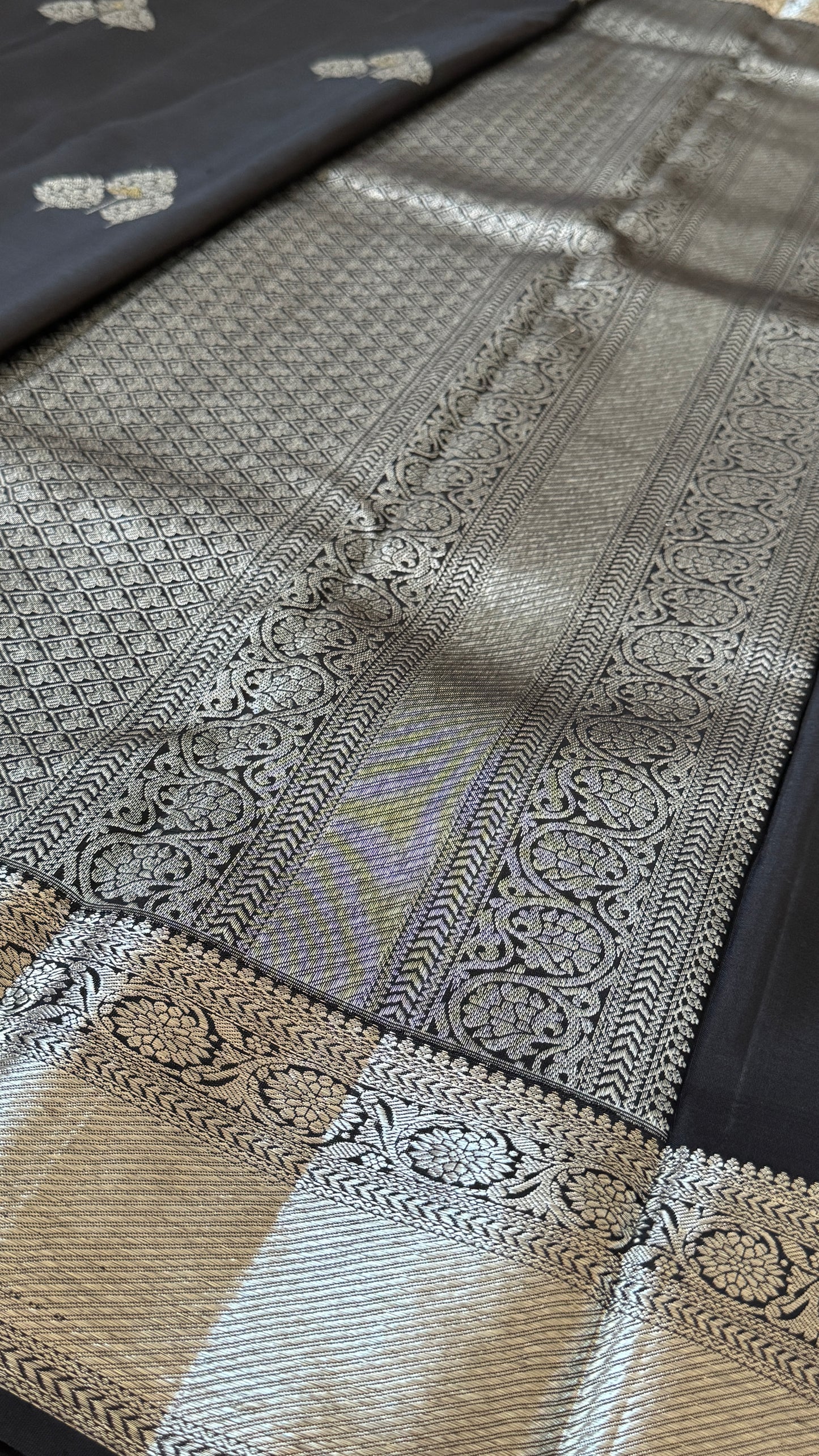 Black Beauty Pure Kanchipuram Silk Saree with Silver Zari Elegance | Silk Mark Certified