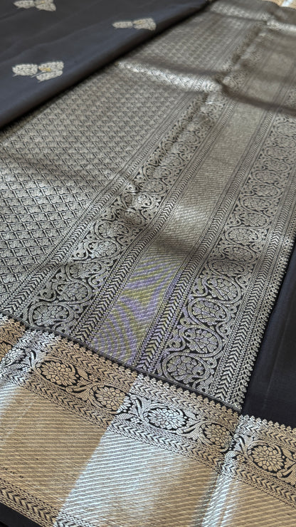 Black Beauty Pure Kanchipuram Silk Saree with Silver Zari Elegance | Silk Mark Certified
