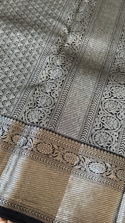 Black Beauty Pure Kanchipuram Silk Saree with Silver Zari Elegance | Silk Mark Certified
