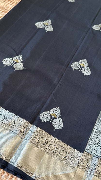 Black Beauty Pure Kanchipuram Silk Saree with Silver Zari Elegance | Silk Mark Certified