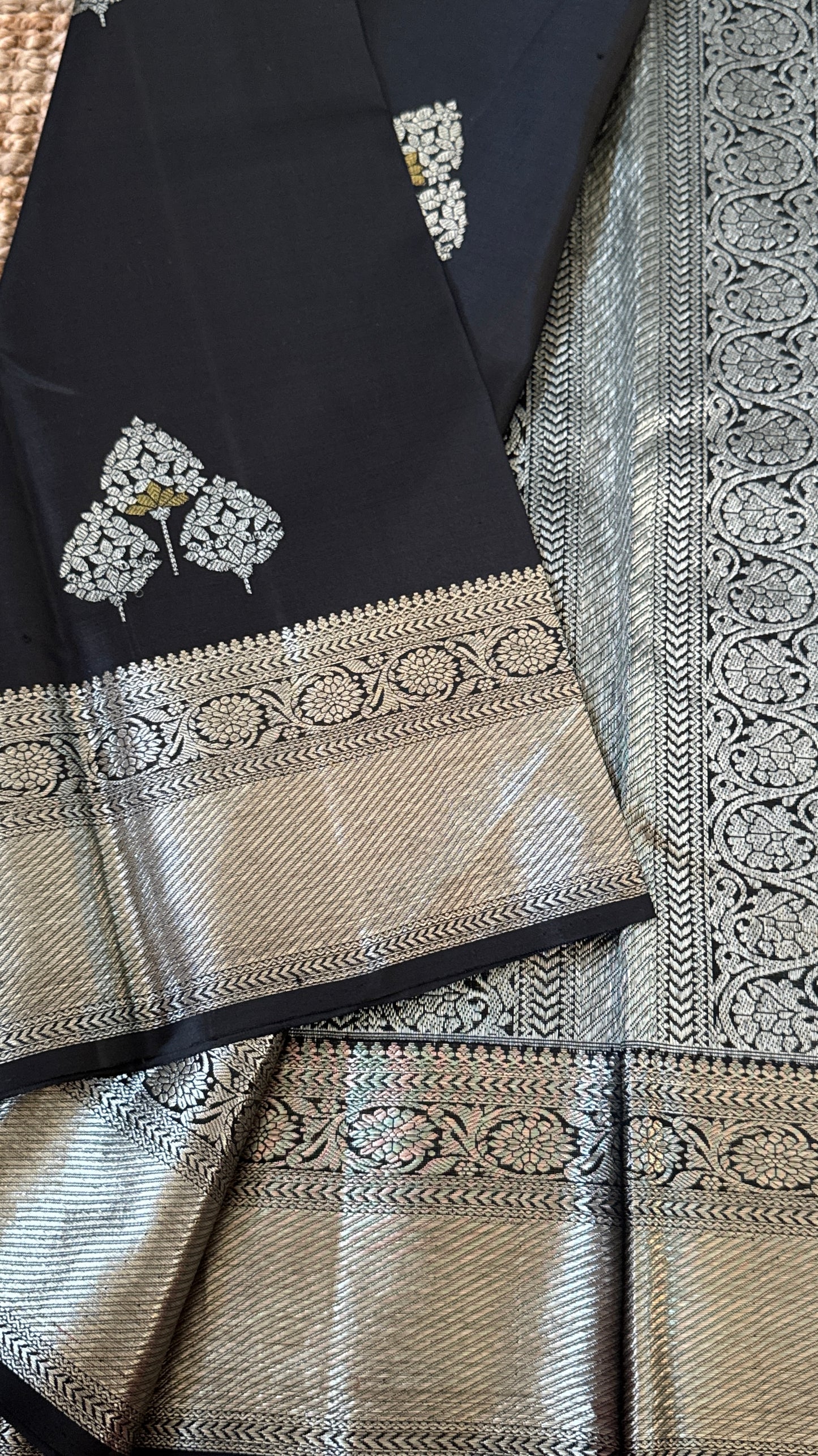 Black Beauty Pure Kanchipuram Silk Saree with Silver Zari Elegance | Silk Mark Certified