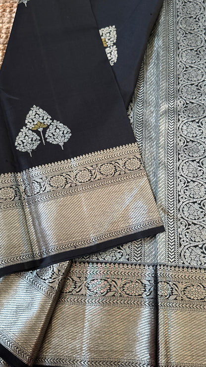 Black Beauty Pure Kanchipuram Silk Saree with Silver Zari Elegance | Silk Mark Certified