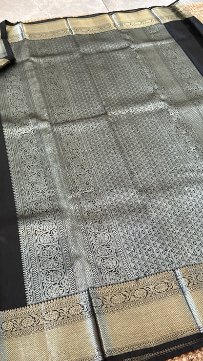 Black Beauty Pure Kanchipuram Silk Saree with Silver Zari Elegance | Silk Mark Certified