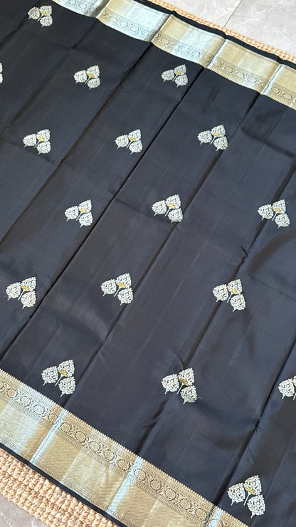 Black Beauty Pure Kanchipuram Silk Saree with Silver Zari Elegance | Silk Mark Certified