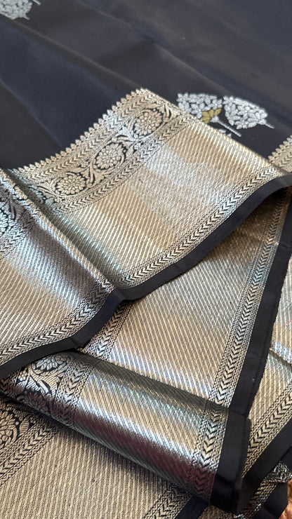Black Beauty Pure Kanchipuram Silk Saree with Silver Zari Elegance | Silk Mark Certified
