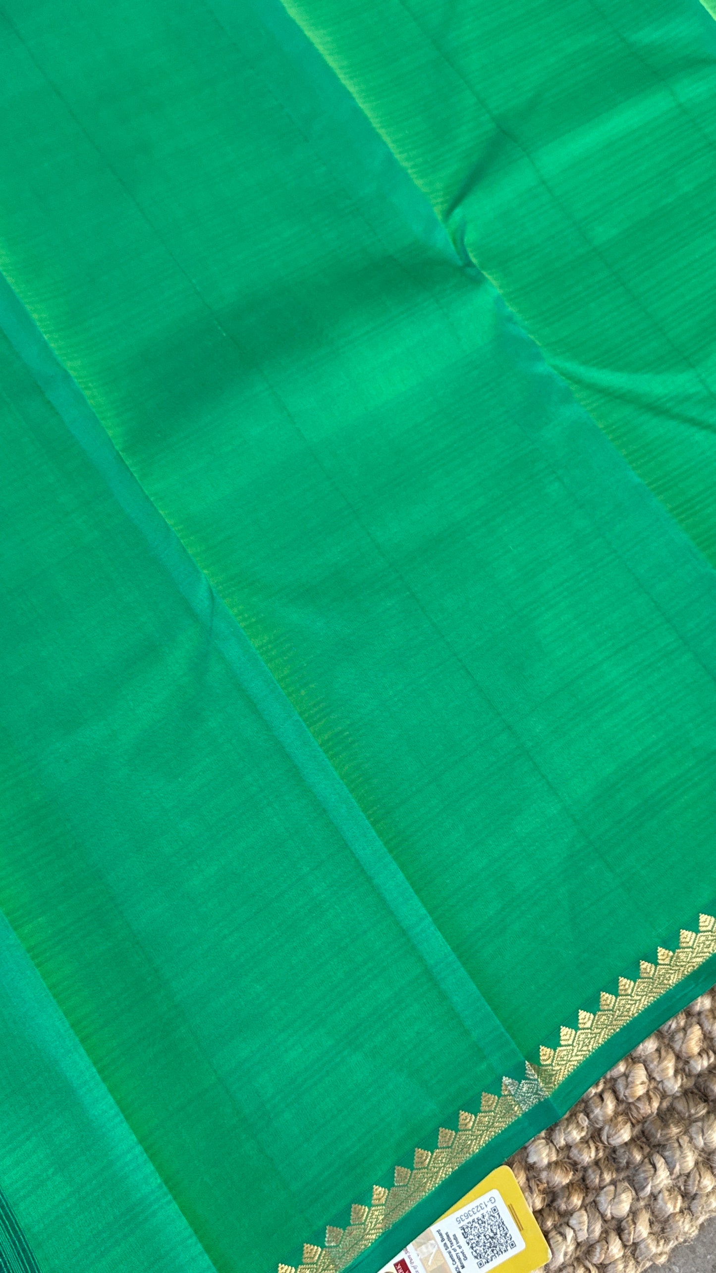 Rama Green Pure Silk Handwoven Saree with Thin Gold Zari Borders | Silk Mark Certified