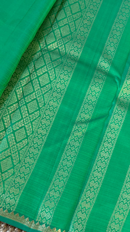 Rama Green Pure Silk Handwoven Saree with Thin Gold Zari Borders | Silk Mark Certified