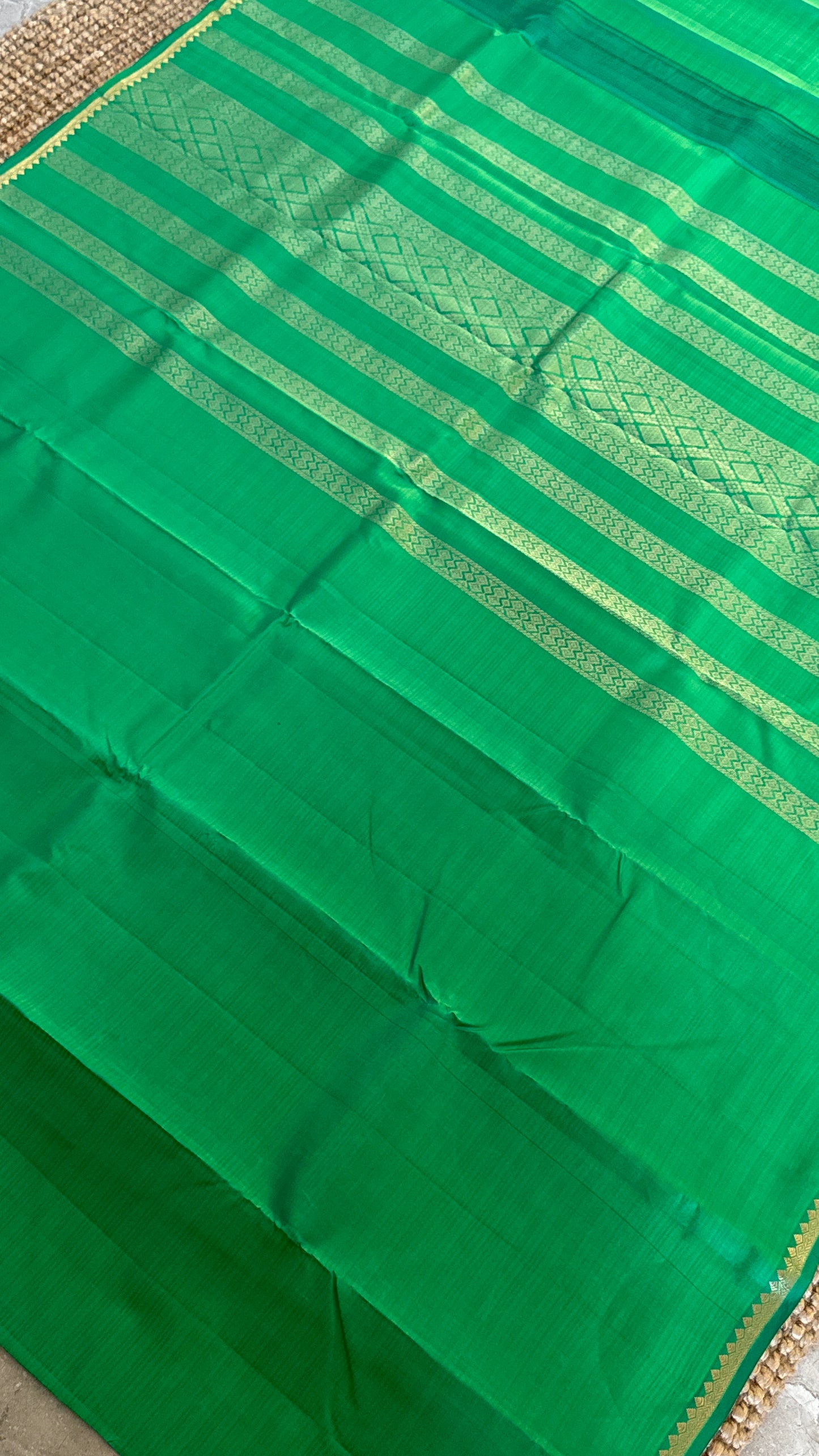 Rama Green Pure Silk Handwoven Saree with Thin Gold Zari Borders | Silk Mark Certified