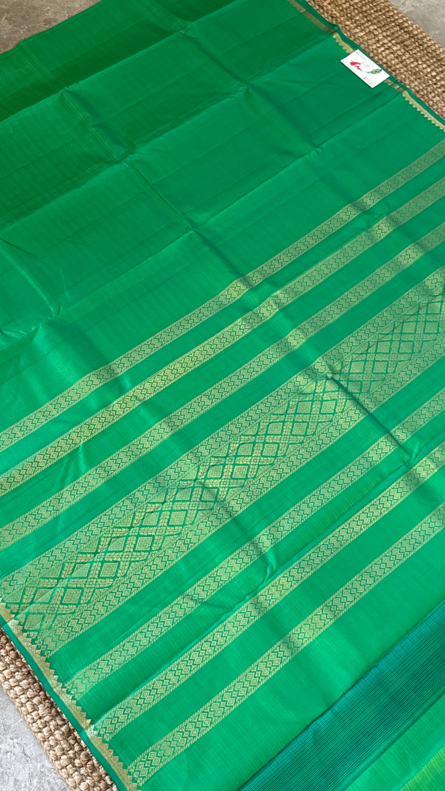 Rama Green Pure Silk Handwoven Saree with Thin Gold Zari Borders | Silk Mark Certified