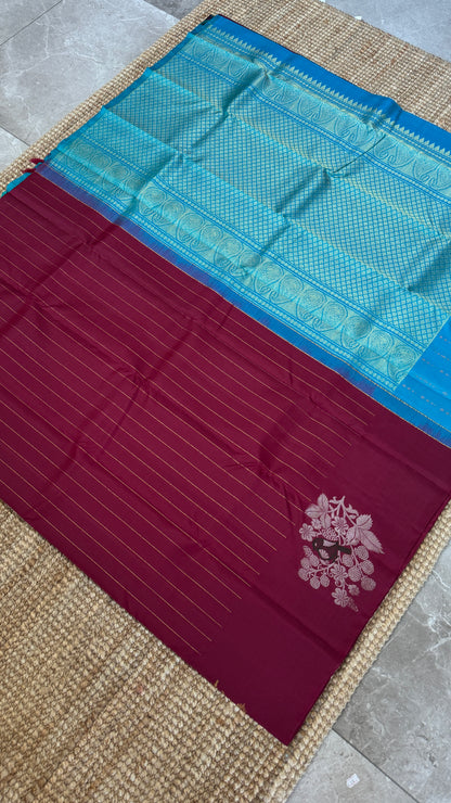 Maroon & Blue Borderless Pure Kanchipuram Silk Saree with Dual Zari Motifs | Silk Mark Certified