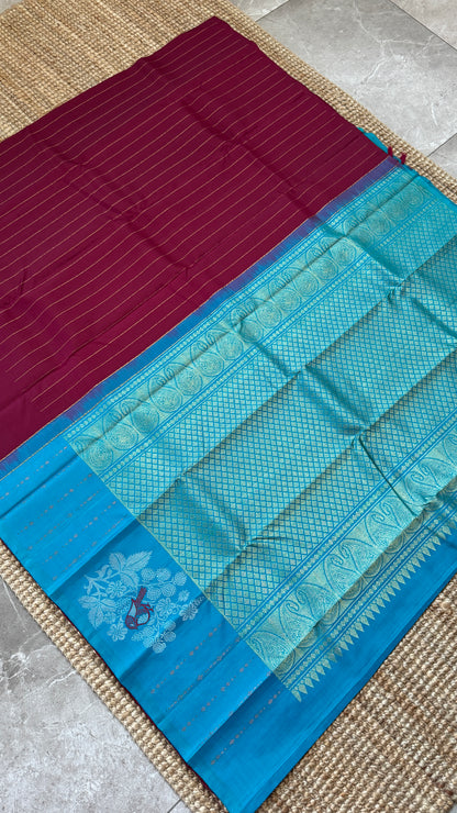 Maroon & Blue Borderless Pure Kanchipuram Silk Saree with Dual Zari Motifs | Silk Mark Certified