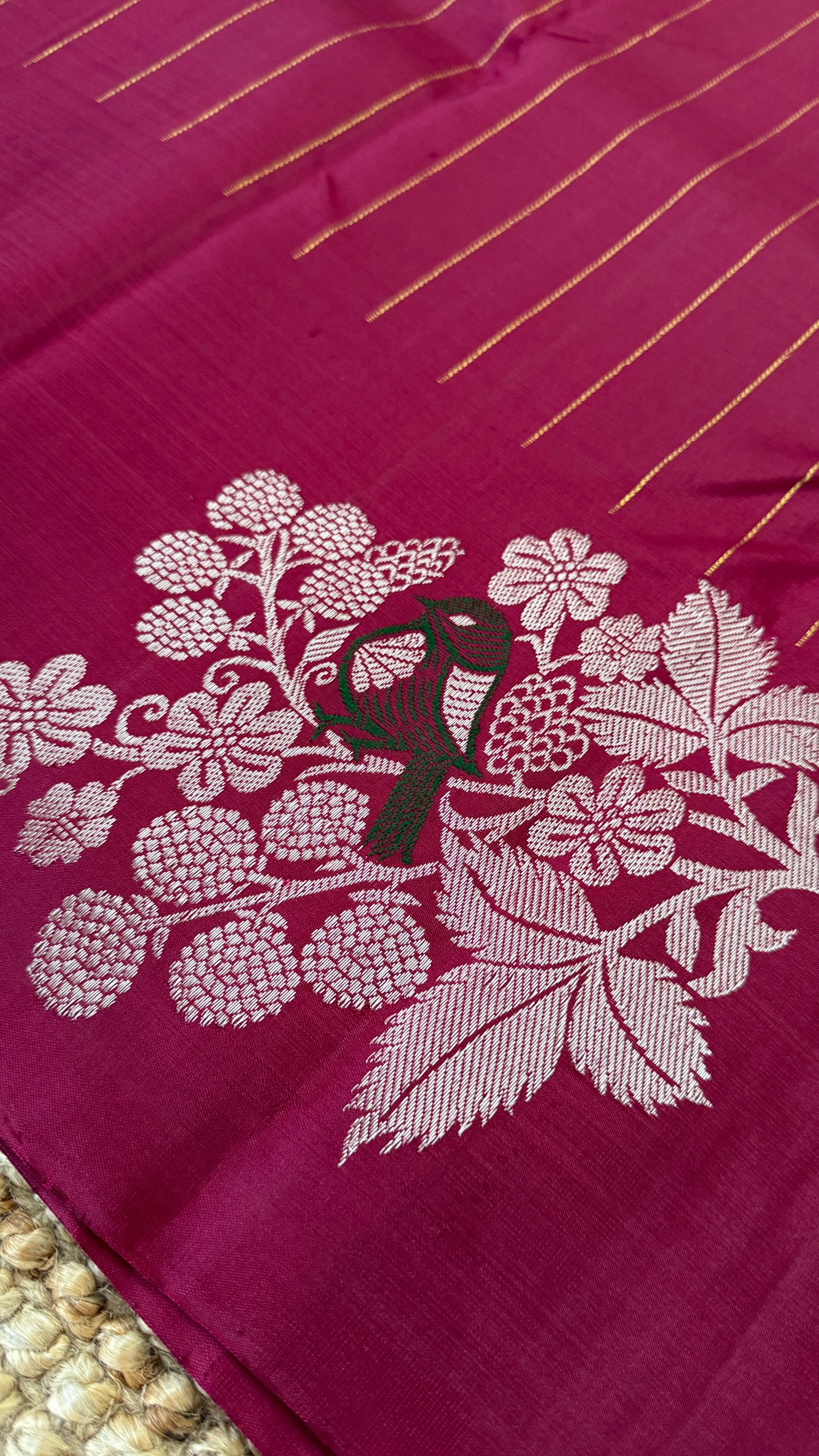 Maroon & Blue Borderless Pure Kanchipuram Silk Saree with Dual Zari Motifs | Silk Mark Certified