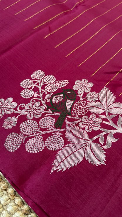 Maroon & Blue Borderless Pure Kanchipuram Silk Saree with Dual Zari Motifs | Silk Mark Certified