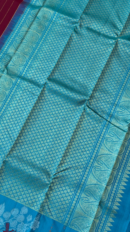 Maroon & Blue Borderless Pure Kanchipuram Silk Saree with Dual Zari Motifs | Silk Mark Certified