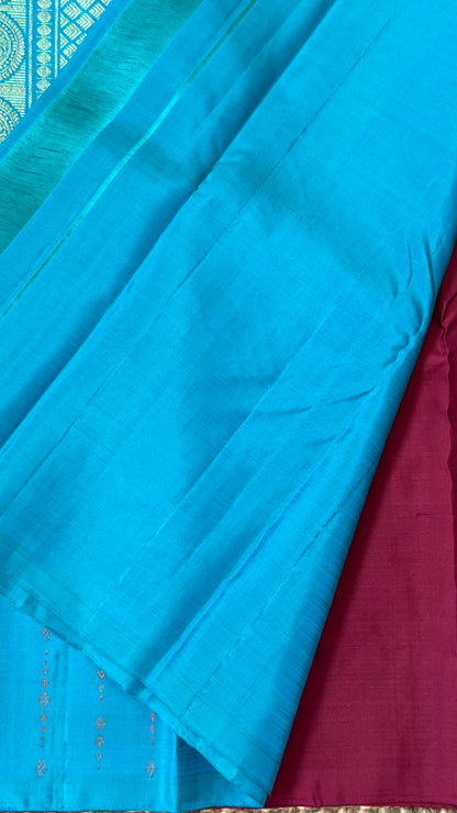 Maroon & Blue Borderless Pure Kanchipuram Silk Saree with Dual Zari Motifs | Silk Mark Certified