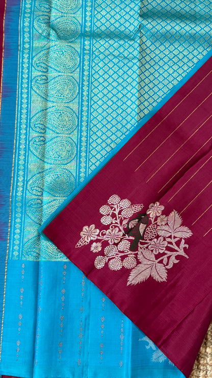 Maroon & Blue Borderless Pure Kanchipuram Silk Saree with Dual Zari Motifs | Silk Mark Certified