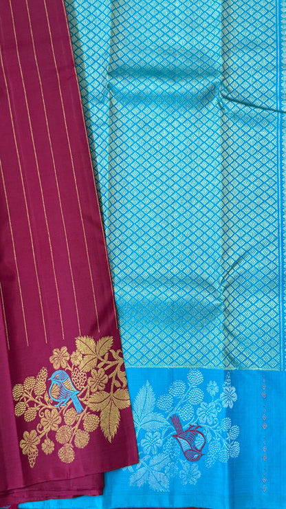 Maroon & Blue Borderless Pure Kanchipuram Silk Saree with Dual Zari Motifs | Silk Mark Certified