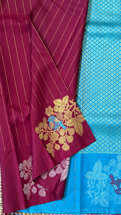 Maroon & Blue Borderless Pure Kanchipuram Silk Saree with Dual Zari Motifs | Silk Mark Certified