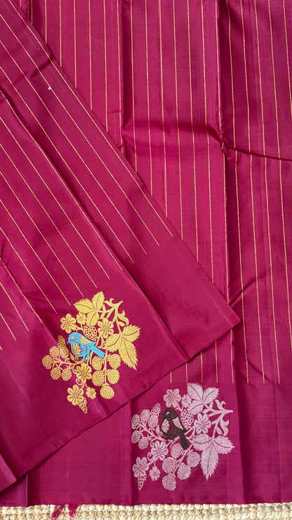 Maroon & Blue Borderless Pure Kanchipuram Silk Saree with Dual Zari Motifs | Silk Mark Certified