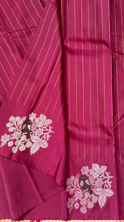 Maroon & Blue Borderless Pure Kanchipuram Silk Saree with Dual Zari Motifs | Silk Mark Certified