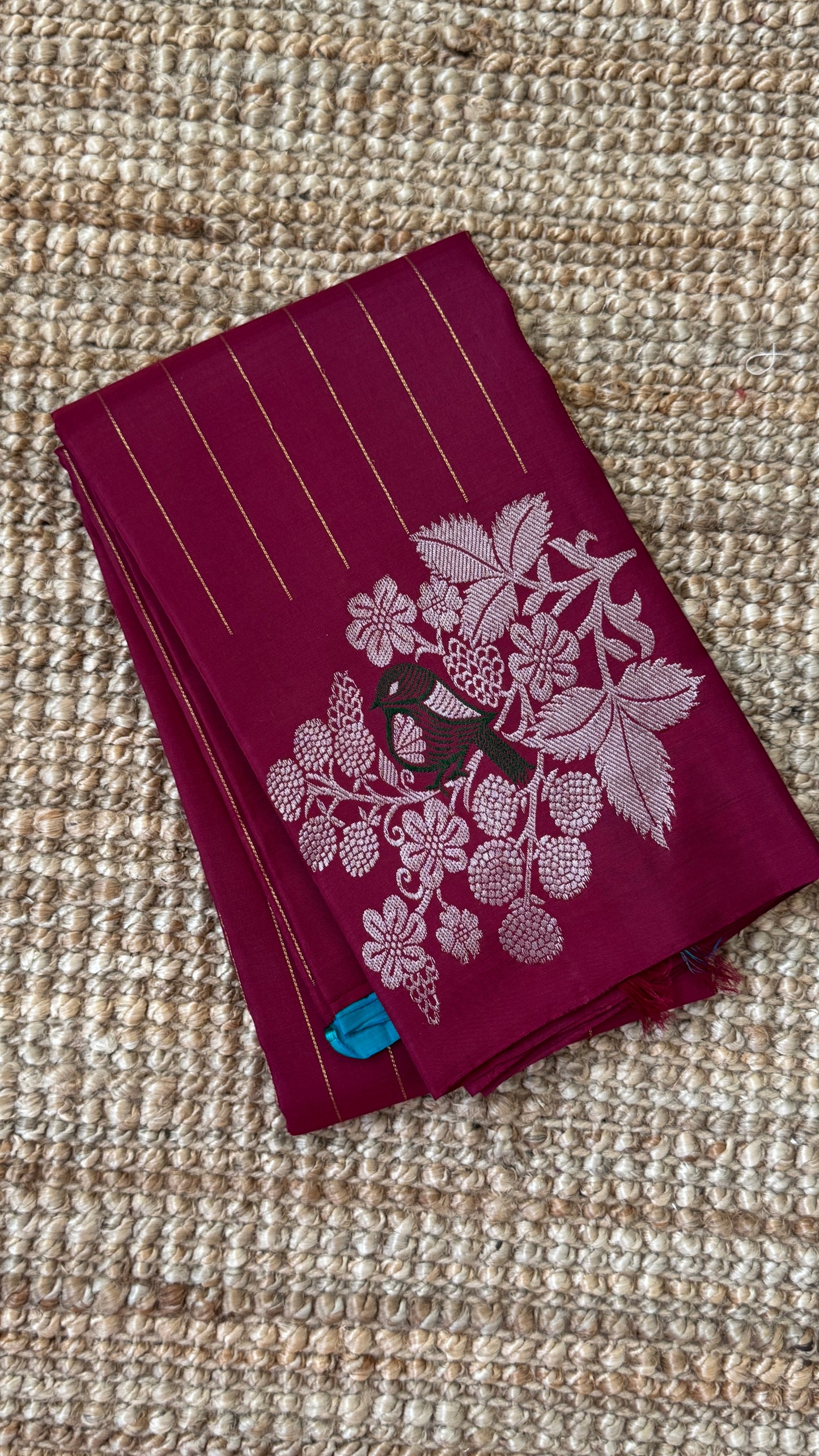 Maroon & Blue Borderless Pure Kanchipuram Silk Saree with Dual Zari Motifs | Silk Mark Certified