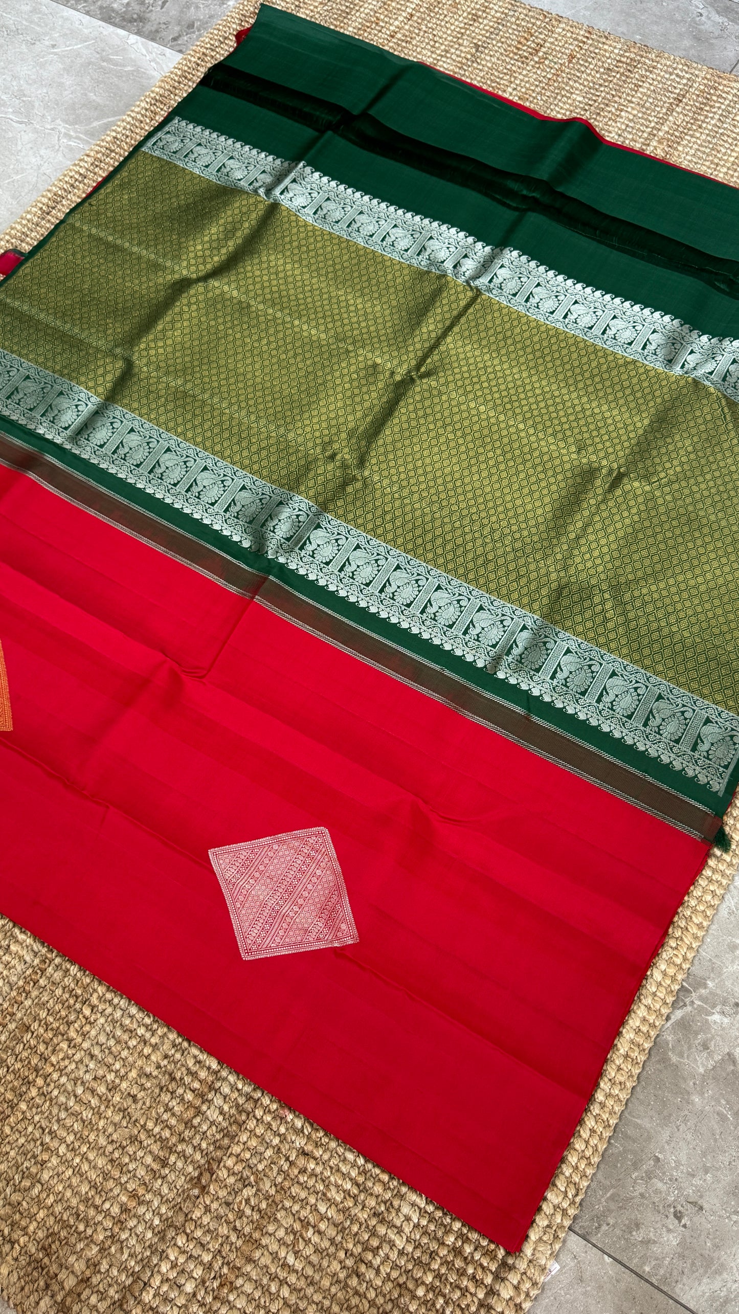 Red Pure Kanchipuram Silk Saree with Contrast Bottle Green Pallu | Silk Mark Certified