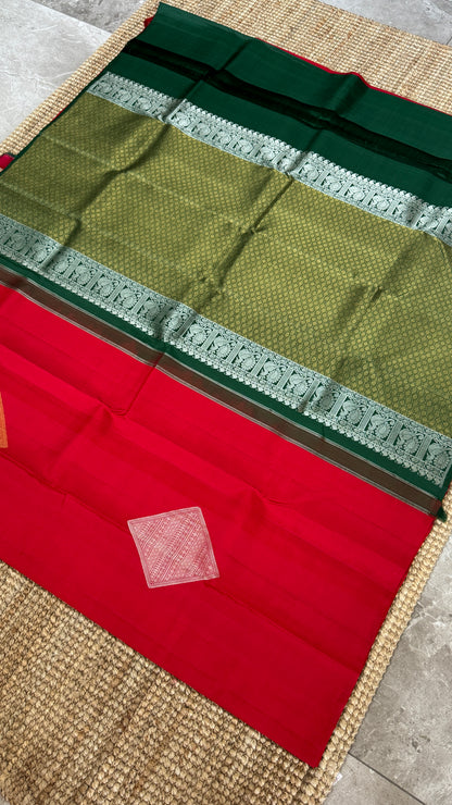 Red Pure Kanchipuram Silk Saree with Contrast Bottle Green Pallu | Silk Mark Certified