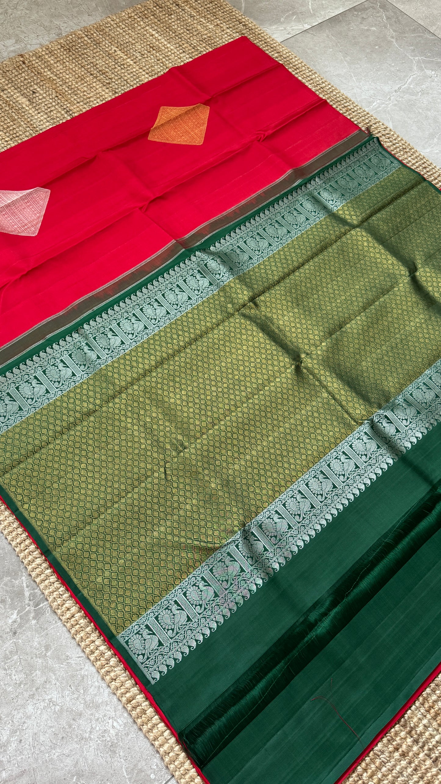 Red Pure Kanchipuram Silk Saree with Contrast Bottle Green Pallu | Silk Mark Certified