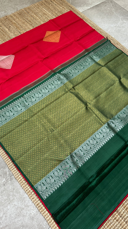 Red Pure Kanchipuram Silk Saree with Contrast Bottle Green Pallu | Silk Mark Certified