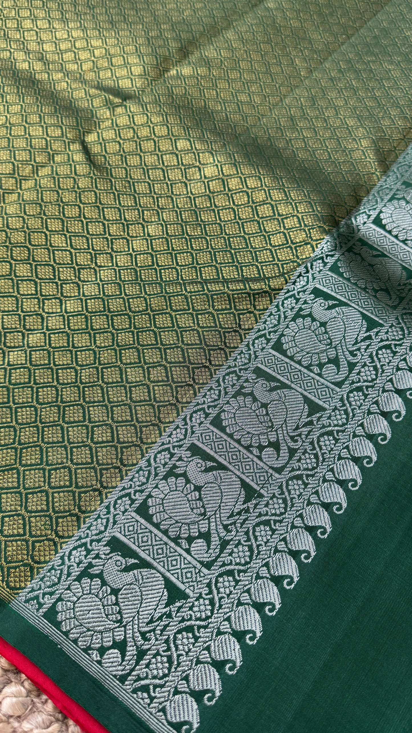 Red Pure Kanchipuram Silk Saree with Contrast Bottle Green Pallu | Silk Mark Certified