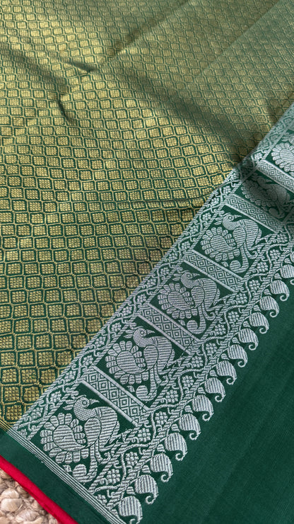 Red Pure Kanchipuram Silk Saree with Contrast Bottle Green Pallu | Silk Mark Certified
