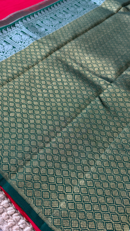 Red Pure Kanchipuram Silk Saree with Contrast Bottle Green Pallu | Silk Mark Certified