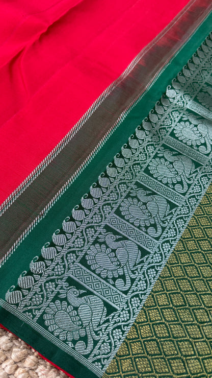 Red Pure Kanchipuram Silk Saree with Contrast Bottle Green Pallu | Silk Mark Certified