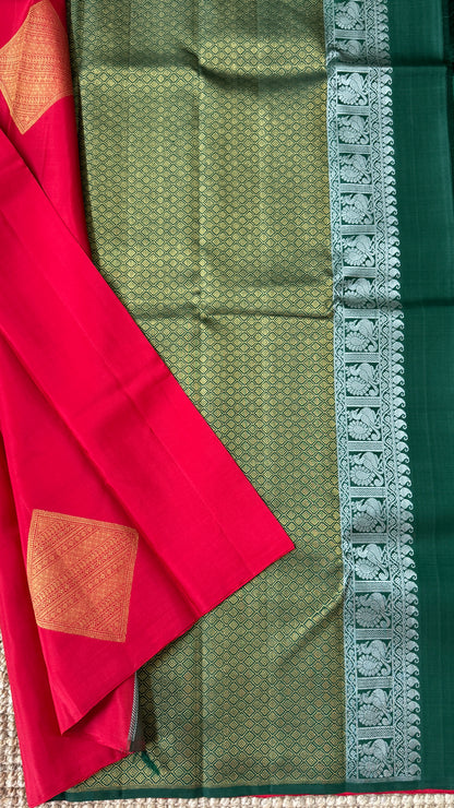 Red Pure Kanchipuram Silk Saree with Contrast Bottle Green Pallu | Silk Mark Certified