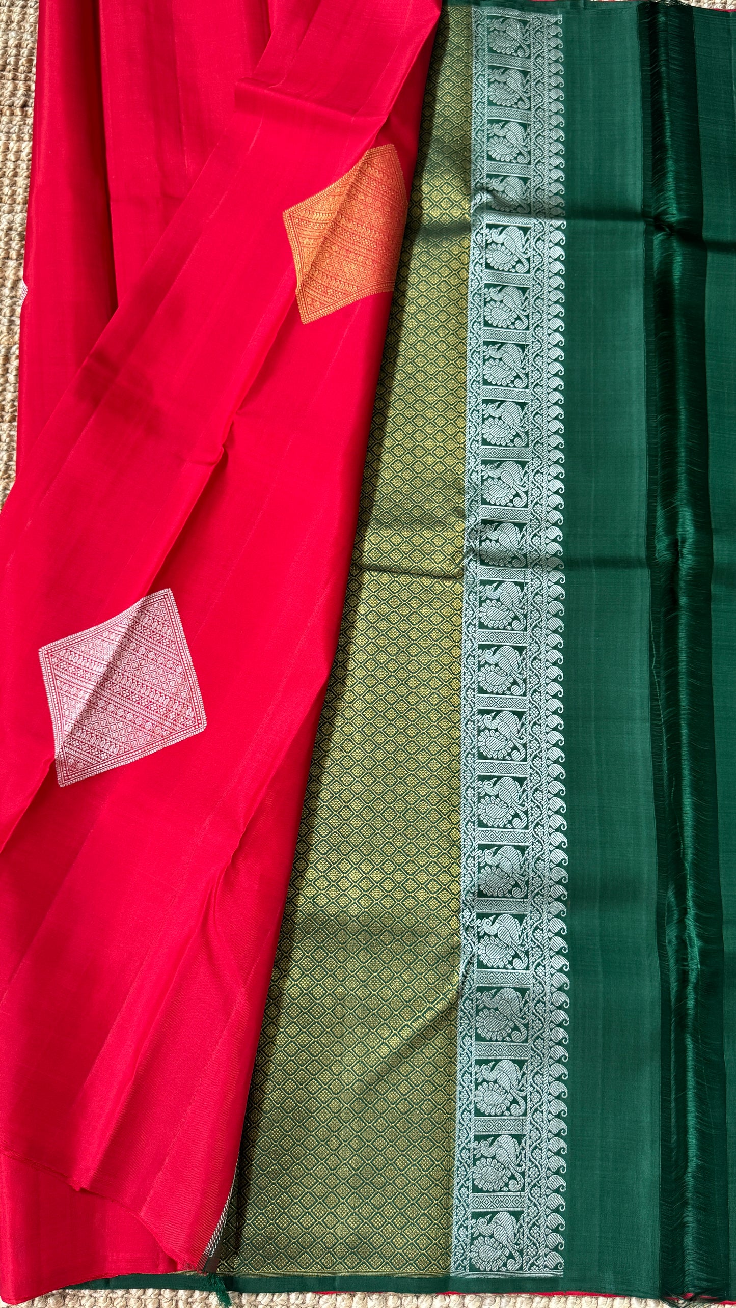 Red Pure Kanchipuram Silk Saree with Contrast Bottle Green Pallu | Silk Mark Certified