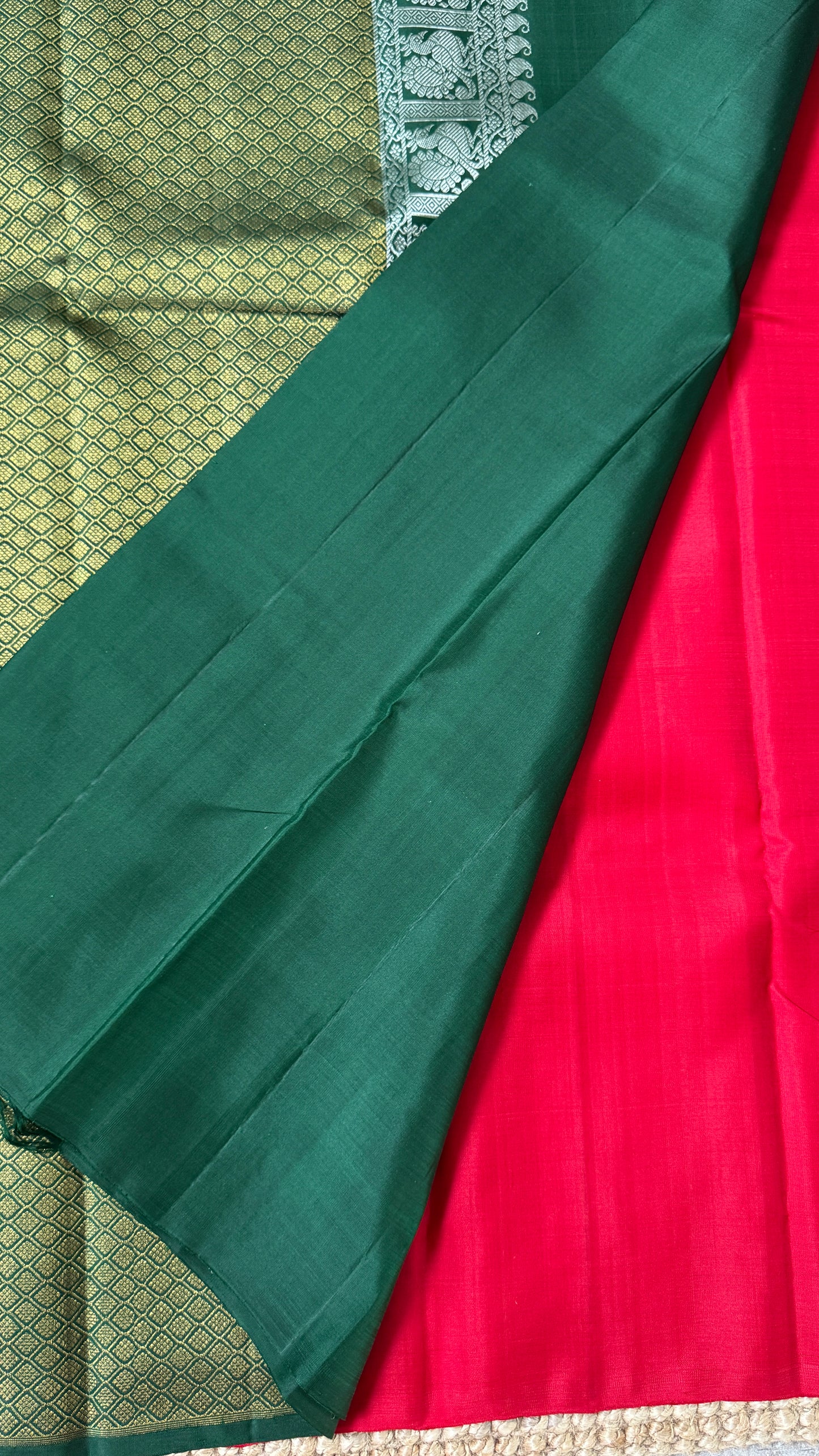 Red Pure Kanchipuram Silk Saree with Contrast Bottle Green Pallu | Silk Mark Certified